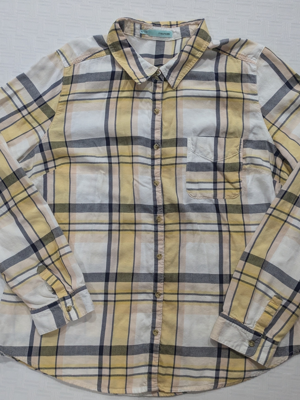 Maurices Yellow, Black and White Plaid Button-Down Shirt